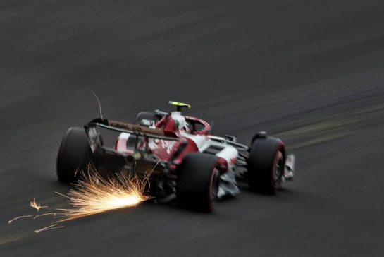 Guanyu Zhou (CHN) Alfa Romeo F1 Team C42 sends sparks flying.
26.08.2022. Formula 1 World Championship, Rd 14, Belgian Grand Prix, Spa Francorchamps, Belgium, Practice Day.
 - www.xpbimages.com, EMail: requests@xpbimages.com © Copyright: Coates / XPB Images