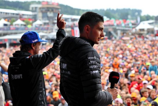 Fernando Alonso (ESP) Alpine F1 Team and Esteban Ocon (FRA) Alpine F1 Team on the FanZone Stage,
27.08.2022. Formula 1 World Championship, Rd 14, Belgian Grand Prix, Spa Francorchamps, Belgium, Qualifying Day.
- www.xpbimages.com, EMail: requests@xpbimages.com © Copyright: Batchelor / XPB Images