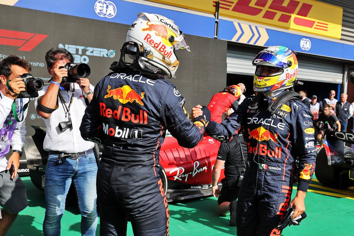Race winner Max Verstappen (NLD) Red Bull Racing celebrates with second placed team mate Sergio Perez (MEX) Red Bull Racing in parc ferme. 28.08.2022. Formula 1 World Championship, Rd 14, Belgian Grand Prix, Spa Francorchamps, Belgium, Race