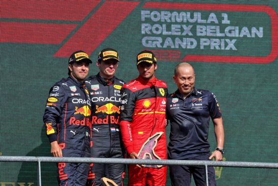 The podium (L to R): Sergio Perez (MEX) Red Bull Racing, second; Max Verstappen (NLD) Red Bull Racing, race winner; Carlos Sainz Jr (ESP) Ferrari, third.
28.08.2022. Formula 1 World Championship, Rd 14, Belgian Grand Prix, Spa Francorchamps, Belgium, Race Day.
- www.xpbimages.com, EMail: requests@xpbimages.com © Copyright: Bearne / XPB Images