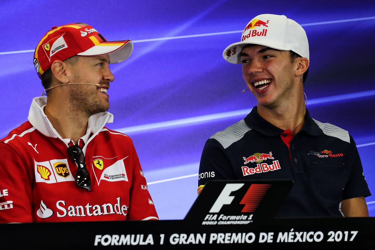 Sebastian Vettel (GER) Ferrari and Pierre Gasly (FRA) Scuderia Toro Rosso in the FIA Press Conference. 26.10.2017. Formula 1 World Championship, Rd 18, Mexican Grand Prix, Mexico City, Mexico, Preparation