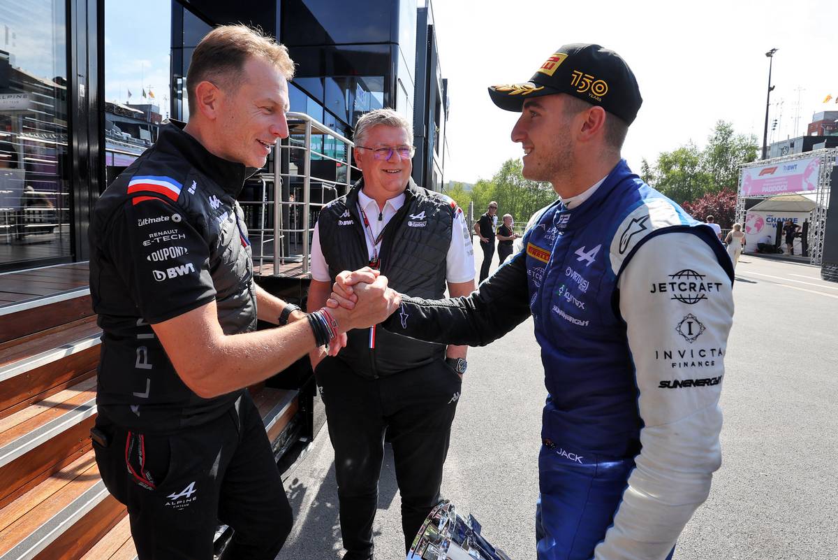 Laurent Rossi (FRA) Alpine Chief Executive Officer with Otmar Szafnauer (USA) Alpine F1 Team, Team Principal and Jack Doohan (AUS) Virtuosi Racing - F2 race winner. 28.08.2022. Formula 1 World Championship, Rd 14, Belgian Grand Prix, Spa Francorchamps, Belgium, Race