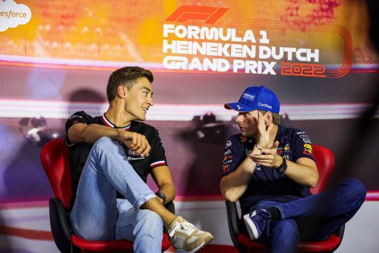 (L to R): George Russell (GBR) Mercedes AMG F1 and Max Verstappen (NLD) Red Bull Racing in the FIA Press Conference.
01.09.2022. Formula 1 World Championship, Rd 14, Dutch Grand Prix, Zandvoort, Netherlands, Preparation Day.
- www.xpbimages.com, EMail: requests@xpbimages.com © Copyright: XPB Images