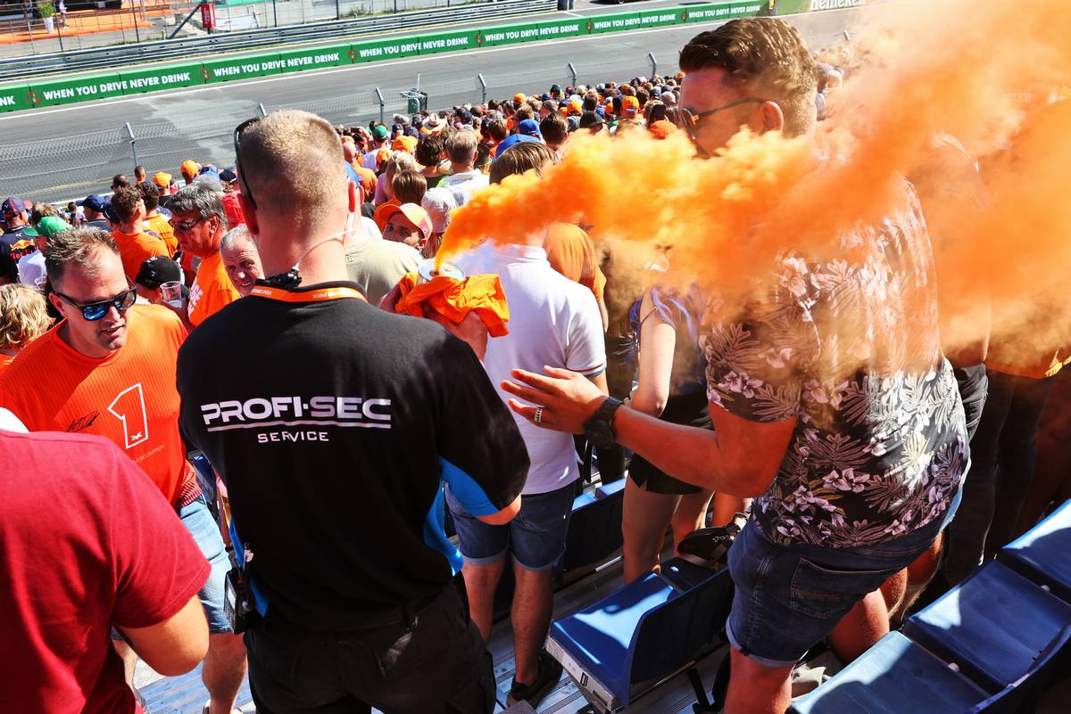 Circuit atmosphere - a fan has his flare confiscated in the grandstand. 03.09.2022. Formula 1 World Championship, Rd 14, Dutch Grand Prix, Zandvoort, Netherlands, Qualifying