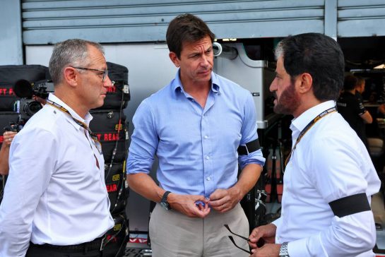 (L to R): Stefano Domenicali (ITA) Formula One President and CEO with Toto Wolff (GER) Mercedes AMG F1 Shareholder and Executive Director and Mohammed Bin Sulayem (UAE) FIA President.
09.09.2022. Formula 1 World Championship, Rd 16, Italian Grand Prix, Monza, Italy, Practice Day.
- www.xpbimages.com, EMail: requests@xpbimages.com © Copyright: Batchelor / XPB Images
