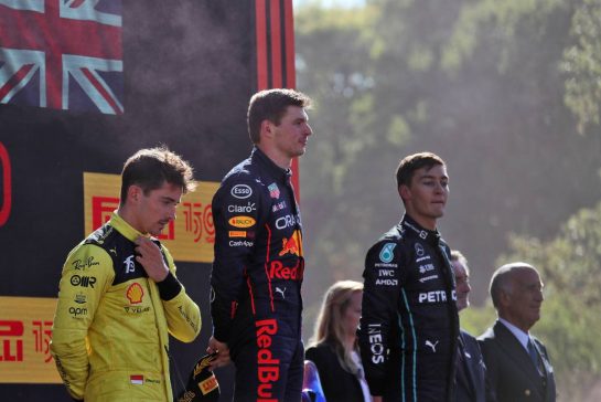 The podium (L to R): Charles Leclerc (MON) Ferrari, second; Max Verstappen (NLD) Red Bull Racing, race winner; George Russell (GBR) Mercedes AMG F1, third.
11.09.2022. Formula 1 World Championship, Rd 16, Italian Grand Prix, Monza, Italy, Race Day.
 - www.xpbimages.com, EMail: requests@xpbimages.com © Copyright: Coates / XPB Images