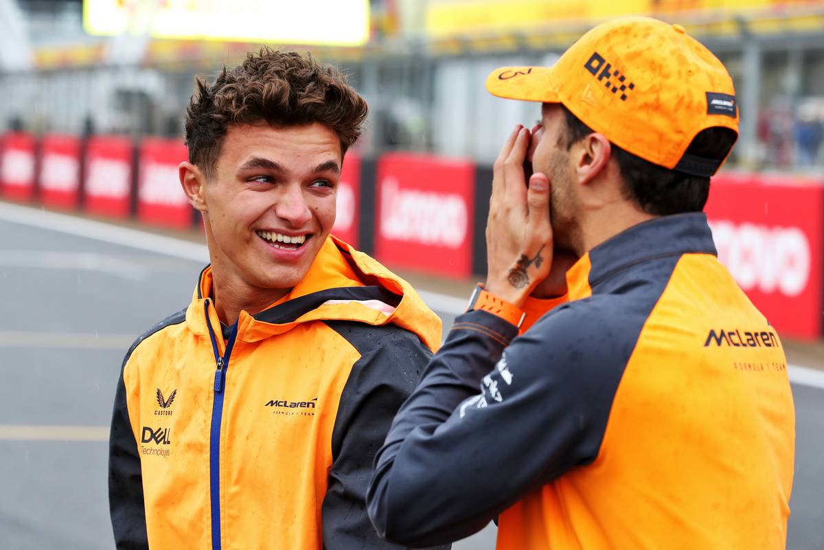 Lando Norris (GBR) McLaren with team mate Daniel Ricciardo (AUS) McLaren. 30.06.2022. Formula 1 World Championship, Rd 10, British Grand Prix, Silverstone, England, Preparation