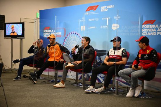 (L to R): Max Verstappen (NLD) Red Bull Racing ; Daniel Ricciardo (AUS) McLaren; George Russell (GBR) Mercedes AMG F1; Guanyu Zhou (CHN) Alfa Romeo F1 Team; and Charles Leclerc (MON) Ferrari, in the FIA Press Conference.
06.10.2022. Formula 1 World Championship, Rd 18, Japanese Grand Prix, Suzuka, Japan, Preparation Day.
- www.xpbimages.com, EMail: requests@xpbimages.com © Copyright: XPB Images