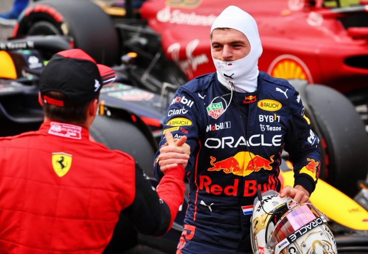 Max Verstappen (NLD) Red Bull Racing celebrates his pole position in qualifying parc ferme with second placed Charles Leclerc (MON) Ferrari. 08.10.2022. Formula 1 World Championship, Rd 18, Japanese Grand Prix, Suzuka, Japan, Qualifying