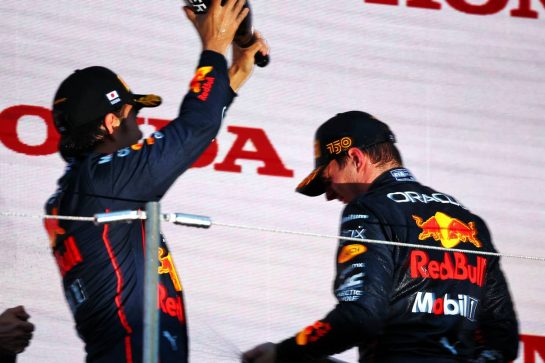Race winner Max Verstappen (NLD) Red Bull Racing celebrates on the podium with team mate Sergio Perez (MEX) Red Bull Racing.
09.10.2022. Formula 1 World Championship, Rd 18, Japanese Grand Prix, Suzuka, Japan, Race Day.
- www.xpbimages.com, EMail: requests@xpbimages.com © Copyright: Coates / XPB Images