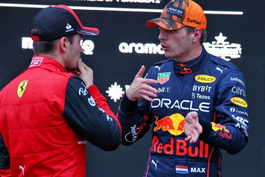 (L to R): Charles Leclerc (MON) Ferrari with race winner Max Verstappen (NLD) Red Bull Racing in parc ferme.
09.10.2022. Formula 1 World Championship, Rd 18, Japanese Grand Prix, Suzuka, Japan, Race Day.
- www.xpbimages.com, EMail: requests@xpbimages.com © Copyright: Coates / XPB Images