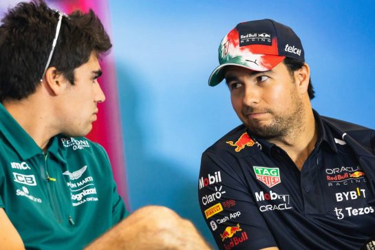 (L to R): Lance Stroll (CDN) Aston Martin F1 Team and Sergio Perez (MEX) Red Bull Racing in the FIA Press Conference.
20.10.2022. Formula 1 World Championship, Rd 19, United States Grand Prix, Austin, Texas, USA, Preparation Day.
- www.xpbimages.com, EMail: requests@xpbimages.com © Copyright: Bearne / XPB Images
