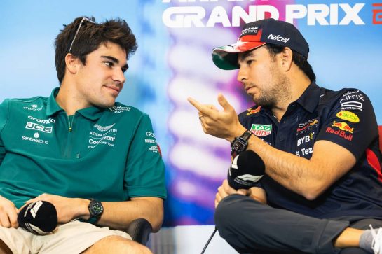 (L to R): Lance Stroll (CDN) Aston Martin F1 Team and Sergio Perez (MEX) Red Bull Racing in the FIA Press Conference.
20.10.2022. Formula 1 World Championship, Rd 19, United States Grand Prix, Austin, Texas, USA, Preparation Day.
- www.xpbimages.com, EMail: requests@xpbimages.com © Copyright: Bearne / XPB Images