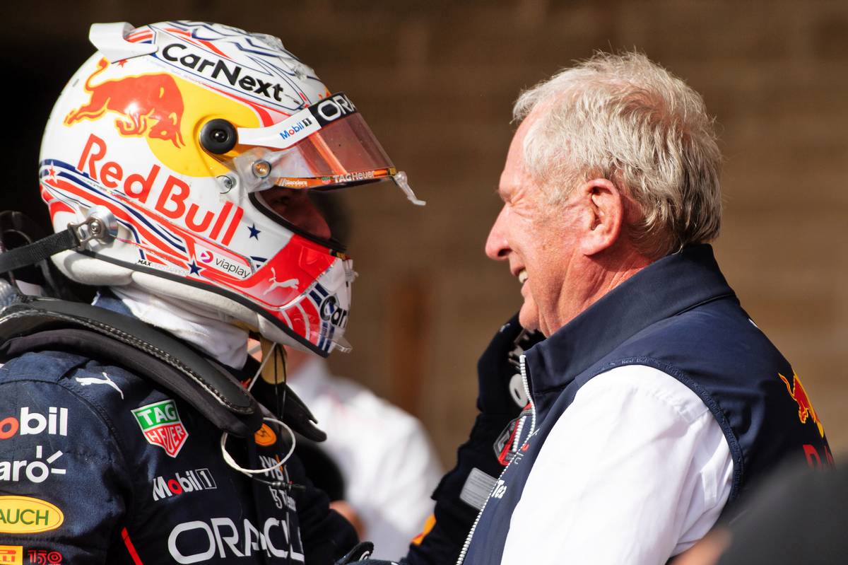 Race winner Max Verstappen (NLD) Red Bull Racing celebrates in parc ferme with Dr Helmut Marko (AUT) Red Bull Motorsport Consultant. 23.10.2022. Formula 1 World Championship, Rd 19, United States Grand Prix, Austin, Texas, USA, Race