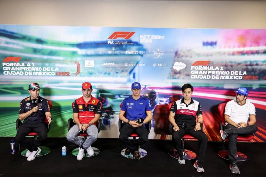 (L to R): Sergio Perez (MEX) Red Bull Racing; Charles Leclerc (MON) Ferrari; Mick Schumacher (GER) Haas F1 Team; Guanyu Zhou (CHN) Alfa Romeo F1 Team; and Fernando Alonso (ESP) Alpine F1 Team, in the FIA Press Conference.
27.10.2022. Formula 1 World Championship, Rd 20, Mexican Grand Prix, Mexico City, Mexico, Preparation Day.
- www.xpbimages.com, EMail: requests@xpbimages.com © Copyright: XPB Images