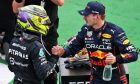 Second placed Lewis Hamilton (GBR) Mercedes AMG F1 with race winner Max Verstappen (NLD) Red Bull Racing in parc ferme. 30.10.2022. Formula 1 World Championship, Rd 20, Mexican Grand Prix, Mexico City, Mexico, Race
