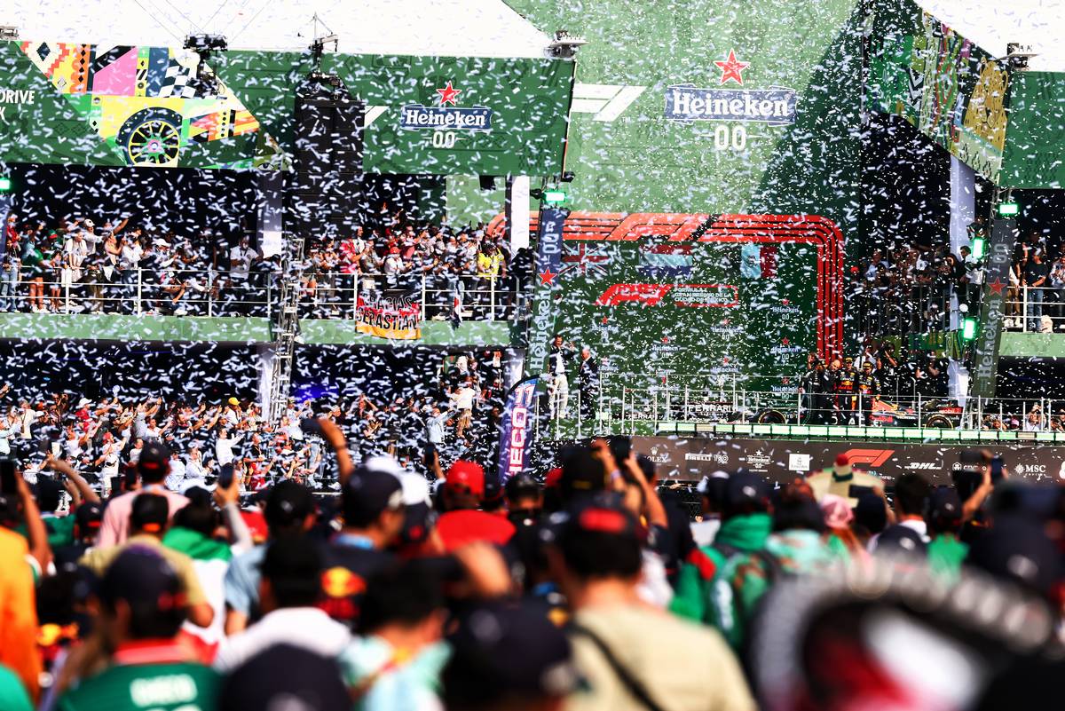 The podium (L to R): Lewis Hamilton (GBR) Mercedes AMG F1, second; Max Verstappen (NLD) Red Bull Racing, race winner; Sergio Perez (MEX) Red Bull Racing, third. 30.10.2022. Formula 1 World Championship, Rd 20, Mexican Grand Prix, Mexico City, Mexico, Race