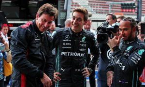 Toto Wolff (GER) Mercedes AMG F1 Shareholder and Executive Director with George Russell (GBR) Mercedes AMG F1 and Lewis Hamilton (GBR) Mercedes AMG F1. 25.08.2022. Formula 1 World Championship, Rd 14, Belgian Grand Prix, Spa Francorchamps, Belgium, Preparation
