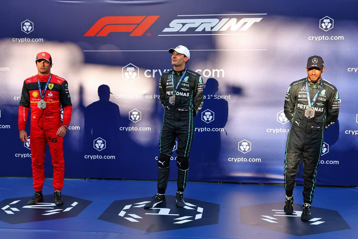 Sprint top three (L to R): Carlos Sainz Jr (ESP) Ferrari, second; George Russell (GBR) Mercedes AMG F1, first; Lewis Hamilton (GBR) Mercedes AMG F1, third. 12.11.2022. Formula 1 World Championship, Rd 21, Brazilian Grand Prix, Sao Paulo, Brazil, Sprint