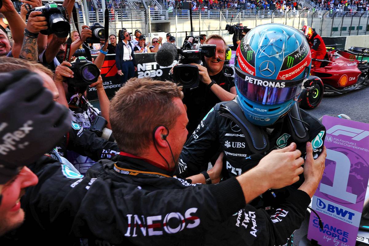 George Russell (GBR) Mercedes AMG F1 celebrates finishing first in Sprint parc ferme. 12.11.2022. Formula 1 World Championship, Rd 21, Brazilian Grand Prix, Sao Paulo, Brazil, Sprint