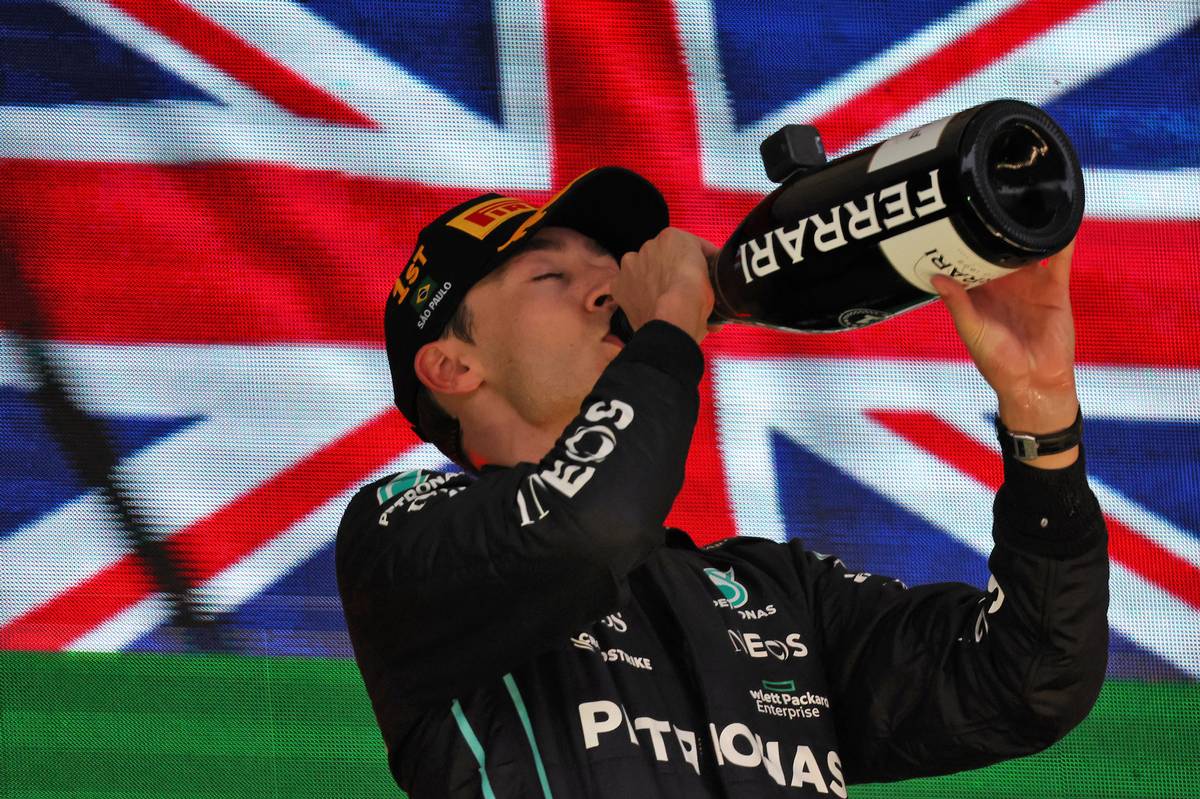 Race winner George Russell (GBR) Mercedes AMG F1 celebrates on the podium. 13.11.2022. Formula 1 World Championship, Rd 21, Brazilian Grand Prix, Sao Paulo, Brazil, Race