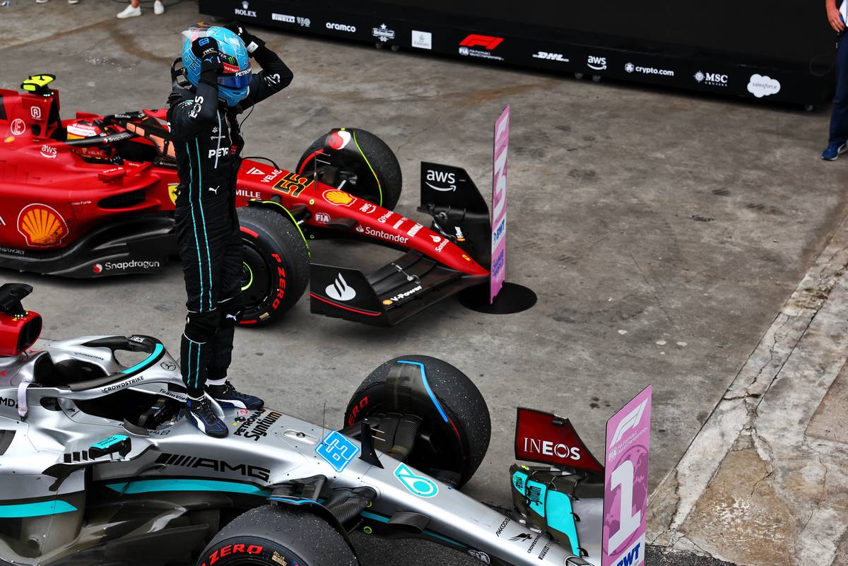 Race winner George Russell (GBR) Mercedes AMG F1 W13 celebrates in parc ferme. 13.11.2022. Formula 1 World Championship, Rd 21, Brazilian Grand Prix, Sao Paulo, Brazil, Race