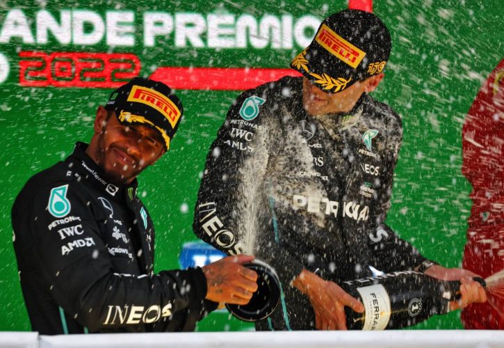 Second placed Lewis Hamilton (GBR) Mercedes AMG F1 and race winner George Russell (GBR) Mercedes AMG F1 on the podium. 13.11.2022. Formula 1 World Championship, Rd 21, Brazilian Grand Prix, Sao Paulo, Brazil, Race