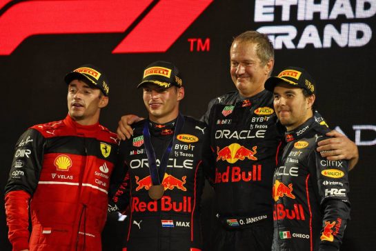 The podium (L to R): Charles Leclerc (MON) Ferrari, second; Max Verstappen (NLD) Red Bull Racing, race winner; Olaf Janssen (ZAF) Red Bull Racing Trackside Infrastructure Group Leader; Sergio Perez (MEX) Red Bull Racing, third.
20.11.2022. Formula 1 World Championship, Rd 22, Abu Dhabi Grand Prix, Yas Marina Circuit, Abu Dhabi, Race Day.
 - www.xpbimages.com, EMail: requests@xpbimages.com © Copyright: Coates / XPB Images