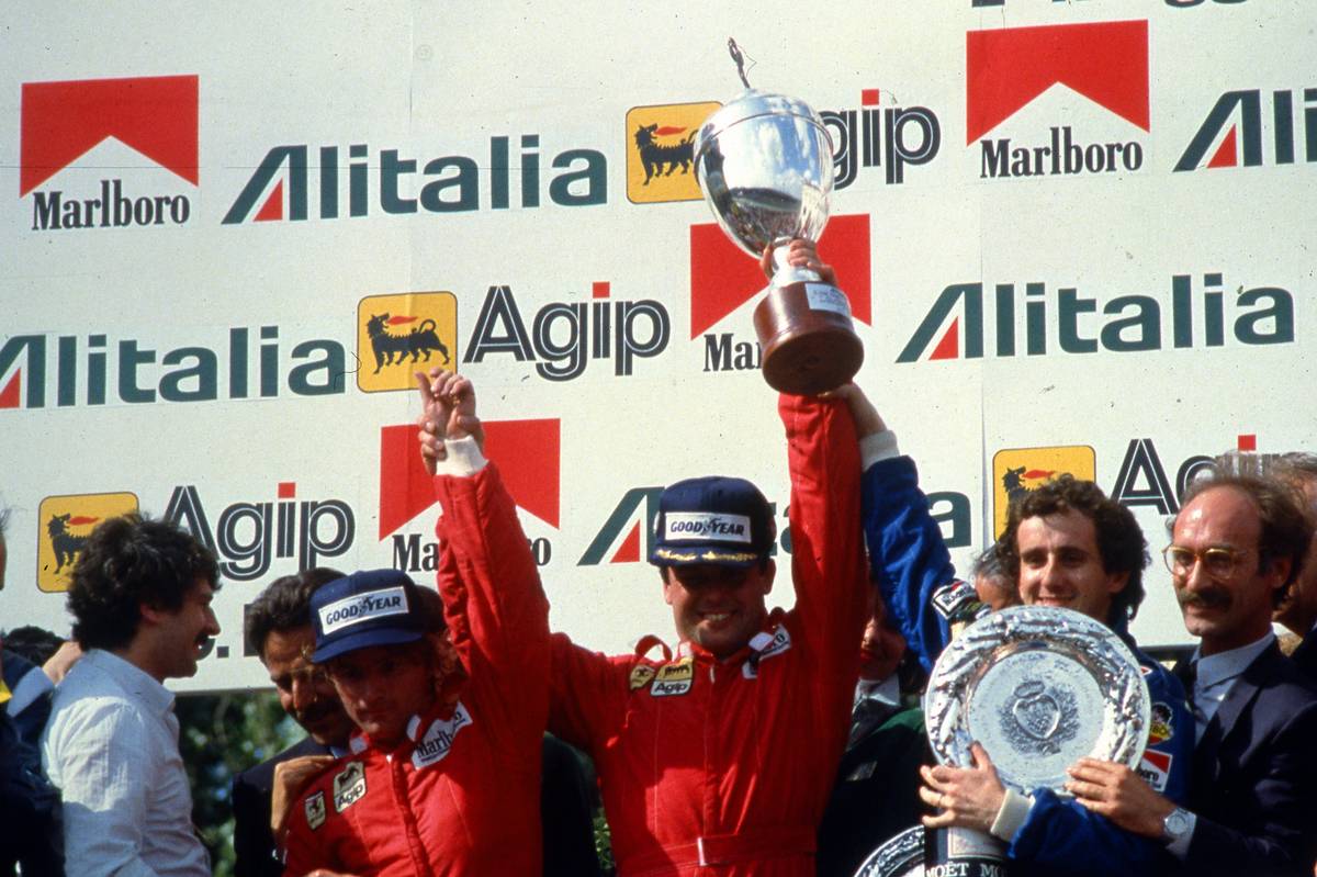 On podium 1st position Patrick Tambay (FRA) Ferrari 2nd position Alain Prost (FRA) Renault 3rd position Rene Arnoux (FRA) Ferrari - www.xpbimages.com, EMail: requests@xpbimages.com © Copyright: Photo4 / XPB Images