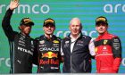 1st place Max Verstappen (NLD) Red Bull Racing, 2nd place Lewis Hamilton (GBR) Mercedes AMG F1 and 3rd place Charles Leclerc (MON) Ferrari F1-75. 23.10.2022. Formula 1 World Championship, Rd 19, United States Grand Prix, Austin, Texas, USA, Race