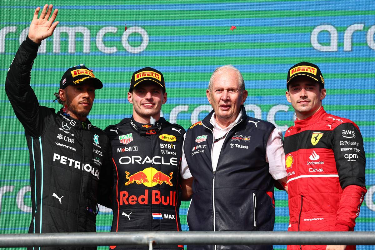 1st place Max Verstappen (NLD) Red Bull Racing, 2nd place Lewis Hamilton (GBR) Mercedes AMG F1 and 3rd place Charles Leclerc (MON) Ferrari F1-75. 23.10.2022. Formula 1 World Championship, Rd 19, United States Grand Prix, Austin, Texas, USA, Race