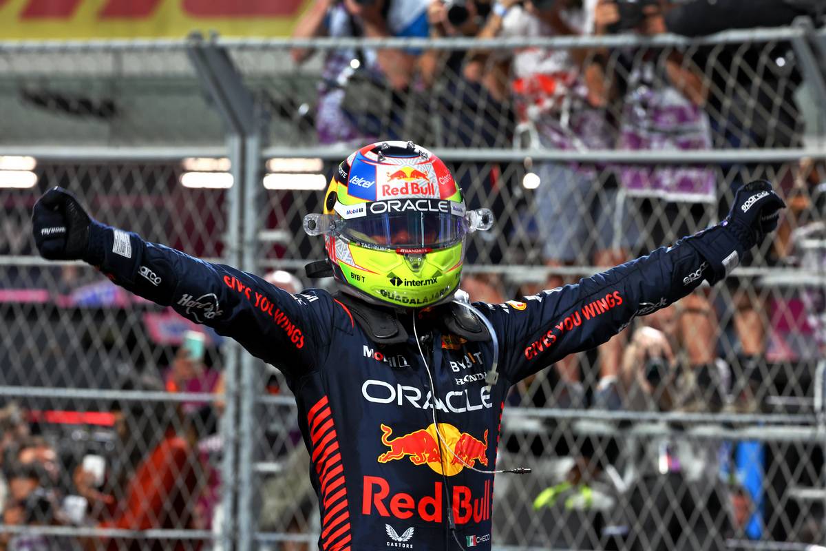 Race winner Sergio Perez (MEX) Red Bull Racing celebrates in parc ferme. 19.03.2023. Formula 1 World Championship, Rd 2, Saudi Arabian Grand Prix, Jeddah, Saudi Arabia, Race Day. - www.xpbimages.com, EMail: requests@xpbimages.com © Copyright: Coates / XPB Images