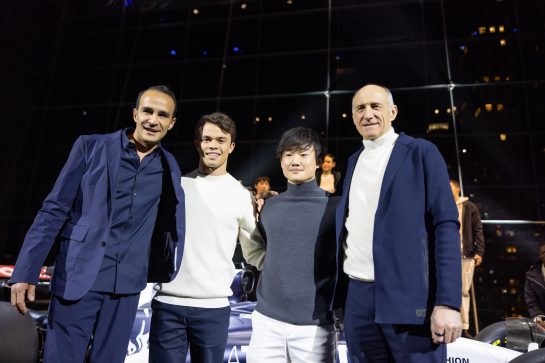 AlphaTauri CEO Ahmet Mercan, Scuderia AlphaTauri Formula One drivers Nyck De Vries and Yuki Tsunoda and Scuderia AlphaTauri team principal Franz Tost in front of the 2023 car during the Scuderia AlphaTauri Season Launch at Lincoln Center in New York, NY on 11 February, 2023. // Colin Kerrigan / Red Bull Content Pool // SI202302120226 // Usage for editorial use only //