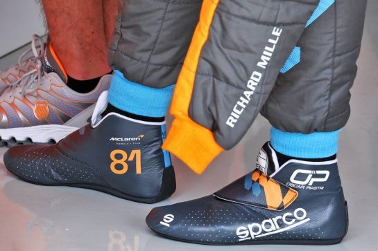Sparco racing boots of Oscar Piastri (AUS) McLaren. 
25.02.2023. Formula 1 Testing, Sakhir, Bahrain, Day Three.
 - www.xpbimages.com, EMail: requests@xpbimages.com © Copyright: Coates / XPB Images