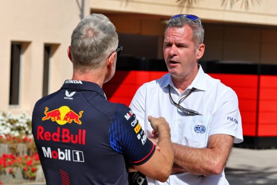 Niels Wittich (GER) FIA F1 Race Director with Jonathan Wheatley (GBR) Red Bull Racing Team Manager.
02.03.2023. Formula 1 World Championship, Rd 1, Bahrain Grand Prix, Sakhir, Bahrain, Preparation Day.
- www.xpbimages.com, EMail: requests@xpbimages.com © Copyright: Moy / XPB Images