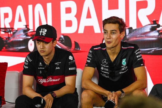 (L to R): Zhou Guanyu (CHN) Alfa Romeo F1 Team and George Russell (GBR) Mercedes AMG F1 in the FIA Press Conference.
02.03.2023. Formula 1 World Championship, Rd 1, Bahrain Grand Prix, Sakhir, Bahrain, Preparation Day.
- www.xpbimages.com, EMail: requests@xpbimages.com © Copyright: XPB Images