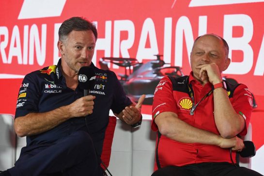 (L to R): Christian Horner (GBR) Red Bull Racing Team Principal and Frederic Vasseur (FRA) Ferrari Team Principal in the FIA Press Conference.
03.03.2023. Formula 1 World Championship, Rd 1, Bahrain Grand Prix, Sakhir, Bahrain, Practice Day
- www.xpbimages.com, EMail: requests@xpbimages.com © Copyright: XPB Images