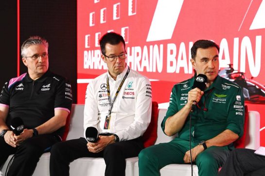 (L to R): Pat Fry (GBR) Alpine F1 Team Chief Technical Officer; Mike Elliot (GBR) Mercedes AMG F1 Technology Director; and Dan Fallows (GBR) Aston Martin F1 Team Technical Director, in the FIA Press Conference.
03.03.2023. Formula 1 World Championship, Rd 1, Bahrain Grand Prix, Sakhir, Bahrain, Practice Day
- www.xpbimages.com, EMail: requests@xpbimages.com © Copyright: XPB Images