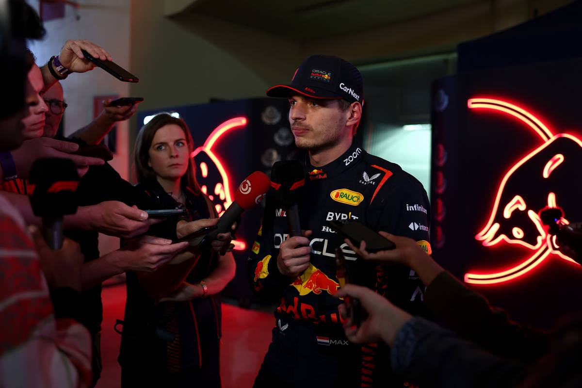 Max Verstappen (NLD) Red Bull Racing with the media. 03.03.2023. Formula 1 World Championship, Rd 1, Bahrain Grand Prix, Sakhir, Bahrain, Practice Day