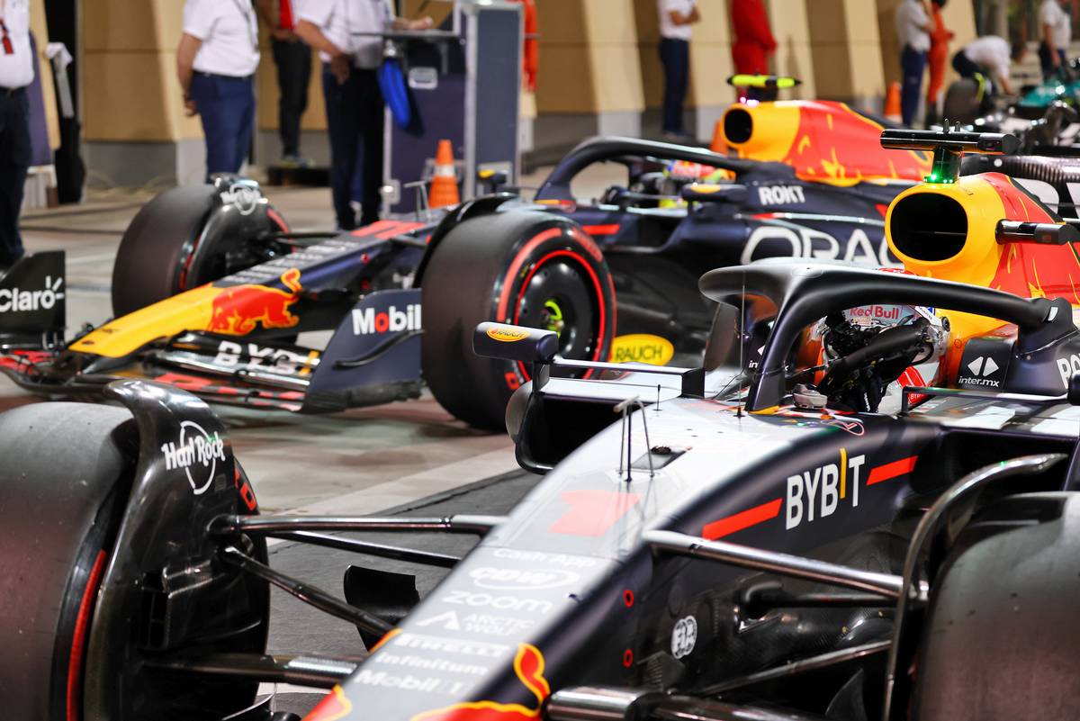 Pole sitter Max Verstappen (NLD) Red Bull Racing RB19 and team mate Sergio Perez (MEX) Red Bull Racing RB19 in qualifying parc ferme.
04.03.2023. Formula 1 World Championship, Rd 1, Bahrain Grand Prix, Sakhir, Bahrain, Qualifying Day.