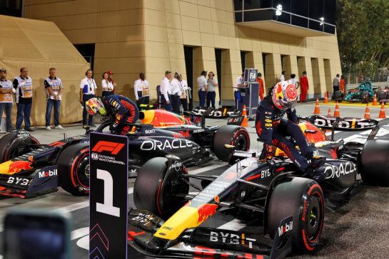Pole sitter Max Verstappen (NLD) Red Bull Racing RB19 and team mate Sergio Perez (MEX) Red Bull Racing RB19 in qualifying parc ferme.
04.03.2023. Formula 1 World Championship, Rd 1, Bahrain Grand Prix, Sakhir, Bahrain, Qualifying Day.
- www.xpbimages.com, EMail: requests@xpbimages.com © Copyright: Coates / XPB Images