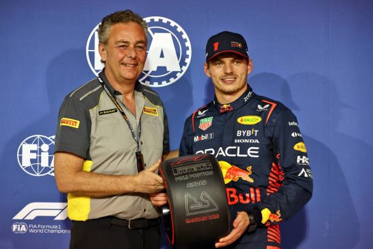 Max Verstappen (NLD) Red Bull Racing receives the Pirelli Pole Position Award from Mario Isola (ITA) Pirelli Racing Manager.
04.03.2023. Formula 1 World Championship, Rd 1, Bahrain Grand Prix, Sakhir, Bahrain, Qualifying Day.
- www.xpbimages.com, EMail: requests@xpbimages.com © Copyright: Batchelor / XPB Images