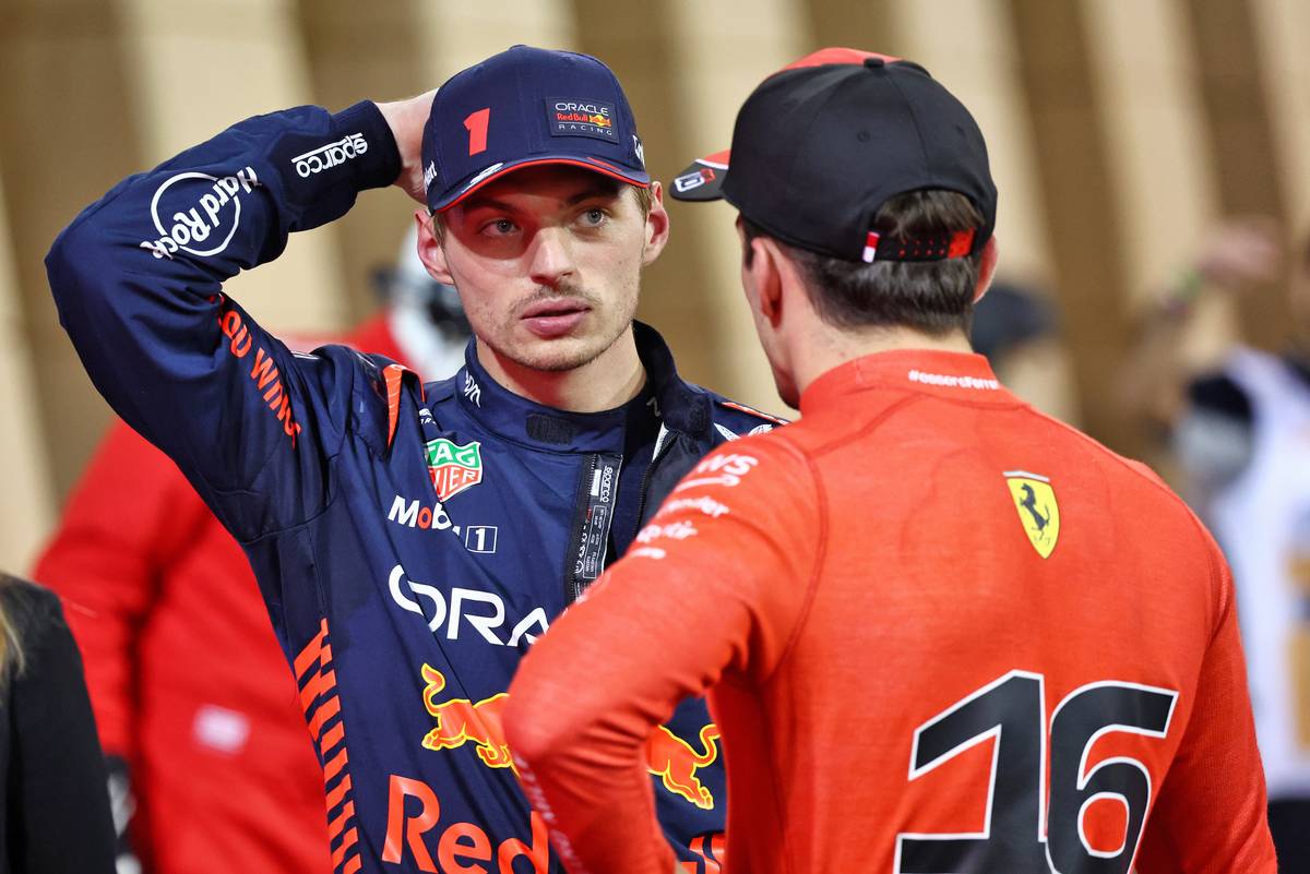 (L to R): Max Verstappen (NLD) Red Bull Racing in qualifying parc ferme with Charles Leclerc (MON) Ferrari. 04.03.2023. Formula 1 World Championship, Rd 1, Bahrain Grand Prix, Sakhir, Bahrain, Qualifying Day.
