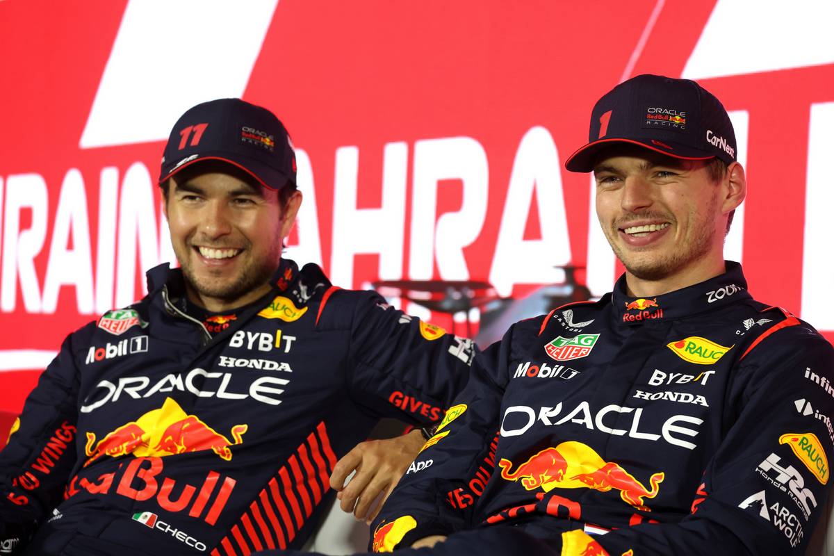 Sergio Perez (MEX) Red Bull Racing and team mate Max Verstappen (NLD) Red Bull Racing in the post qualifying FIA Press Conference.