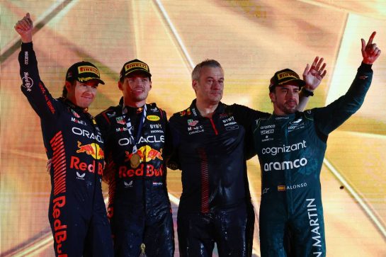 1st place Max Verstappen (NLD) Red Bull Racing RB19, 2nd place Sergio Perez (MEX) Red Bull Racing RB19 and 3rd place Fernando Alonso (ESP) Aston Martin F1 Team AMR23.
05.03.2023. Formula 1 World Championship, Rd 1, Bahrain Grand Prix, Sakhir, Bahrain, Race Day.
- www.xpbimages.com, EMail: requests@xpbimages.com © Copyright: Batchelor / XPB Images