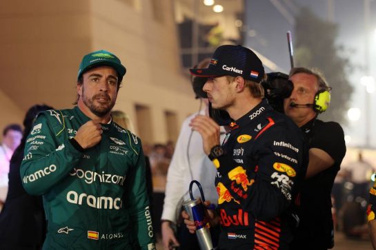 (L to R): third placed Fernando Alonso (ESP) Aston Martin F1 Team and race winner Max Verstappen (NLD) Red Bull Racing in parc ferme.
05.03.2023. Formula 1 World Championship, Rd 1, Bahrain Grand Prix, Sakhir, Bahrain, Race Day.
- www.xpbimages.com, EMail: requests@xpbimages.com © Copyright: Bearne / XPB Images