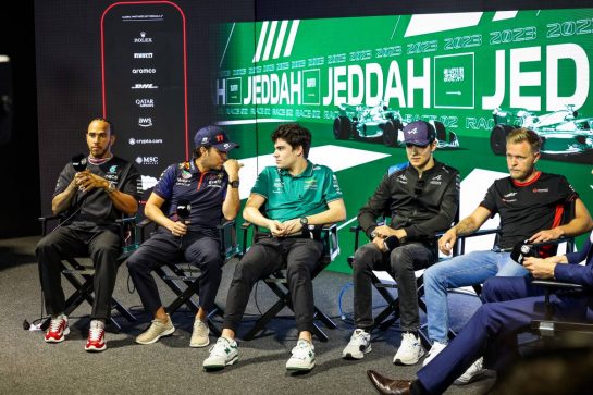 (L to R): Lewis Hamilton (GBR) Mercedes AMG F1; Sergio Perez (MEX) Red Bull Racing; Lance Stroll (CDN) Aston Martin F1 Team; Esteban Ocon (FRA) Alpine F1 Team; and Kevin Magnussen (DEN) Haas F1 Team, in the FIA Press Conference.
16.03.2023. Formula 1 World Championship, Rd 2, Saudi Arabian Grand Prix, Jeddah, Saudi Arabia, Preparation Day.
- www.xpbimages.com, EMail: requests@xpbimages.com © Copyright: XPB Images