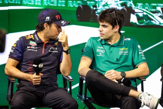 (L to R): Sergio Perez (MEX) Red Bull Racing with Lance Stroll (CDN) Aston Martin F1 Team in the FIA Press Conference.
16.03.2023. Formula 1 World Championship, Rd 2, Saudi Arabian Grand Prix, Jeddah, Saudi Arabia, Preparation Day.
- www.xpbimages.com, EMail: requests@xpbimages.com © Copyright: XPB Images