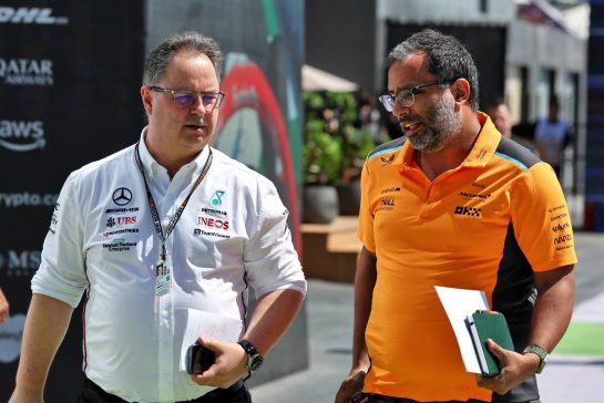 (L to R): Ron Meadows (GBR) Mercedes AMG F1 Team Manager and Randy Singh (GBR) McLaren Strategy and Sporting Director.
17.03.2023. Formula 1 World Championship, Rd 2, Saudi Arabian Grand Prix, Jeddah, Saudi Arabia, Practice Day.
- www.xpbimages.com, EMail: requests@xpbimages.com © Copyright: Moy / XPB Images