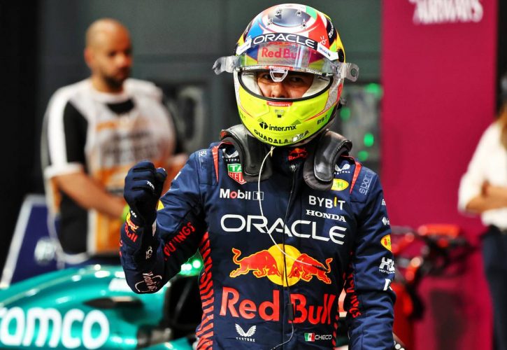 Sergio Perez (MEX) Red Bull Racing celebrates his pole position in qualifying parc ferme. 18.03.2023. Formula 1 World Championship, Rd 2, Saudi Arabian Grand Prix, Jeddah, Saudi Arabia, Qualifying Day. - www.xpbimages.com, EMail: requests@xpbimages.com © Copyright: Batchelor / XPB Images